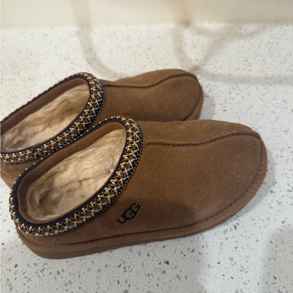 UGG Tan Suede Slippers with Beaded Accent
